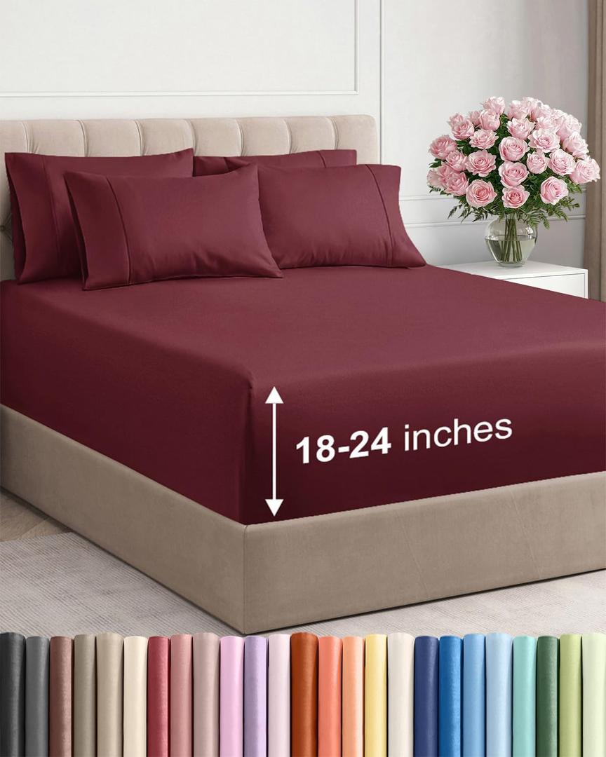 Extra Deep Cal King Sheet Set - 6 Piece Breathable and Cooling Sheets - Hotel Luxury Bedding for Women, Men, Kids & Teens - Easy & Secure Fit - Soft and Wrinkle Free - Extra Deep Pockets - Burgundy