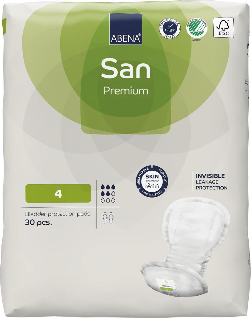 Abena San Premium Incontinence Pads, Moderate Absorbency, (Sizes 4 to 7), Size 4, 30 Count