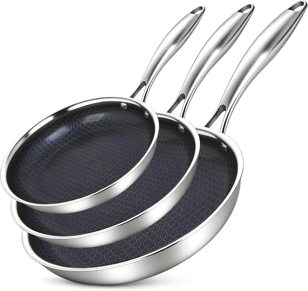 BRASA,3PCS,Nonstick Frying Pan Set,7.87in+9.45in+11.02in,Stainless Steel Pan Set,Skillet set Ceramic Nonstick Cookware set,Compatible Gas,Induction Dishwasher Safe PFOS,PFOA Free Frying Pan Set