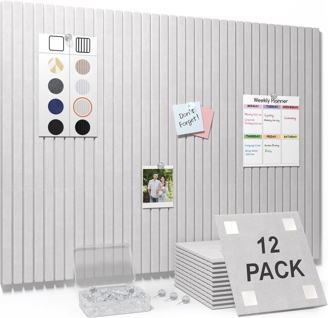 Smarpau Large Cork Board for Walls, 48"x36" Bulletin Board, 12 Pack Slat Felt Wall Tiles with Pushpins Removable Security Tabs, Pin Board for Office Wall Organizer Protector -Light Camel