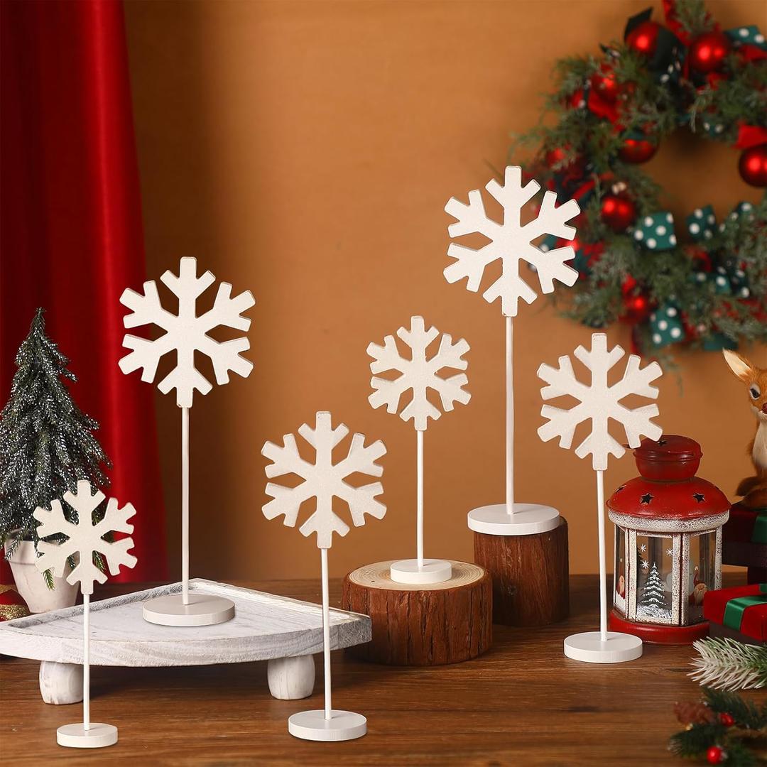 6 Pcs Winter Snowflake Table Decorations Winter Snowflake Standing Block Sign Wooden Snowflakes Table Centerpiece White Snow Wonderland Decoration for Tabletop Shelf Mantel Home Decor