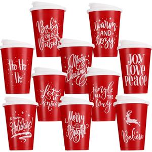 Sliner 10 Pcs Christmas Reusable Coffee Cups with Lids Bulk 12 oz Christmas Plastic Cup Gifts Xmas Drinks Tumblers with Snowflake for Coworkers Family Winter Party Favors (Red)