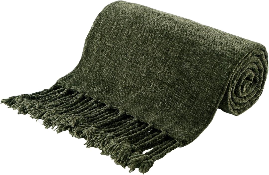 BATTILO HOME Olive Green Throw Blanket for Couch Bed Sofa, Soft Cozy Chenille Throw Blanket with Fringe Tassels, Lightweight Knit Throw Blanket for Home Decor, 50"x60"