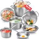 Mueller Pots and Pans Set 11-Piece, Ultra-Clad Pro Stainless Steel Cookware Set, Ergonomic and EverCool Stainless Steel Handle, Includes Saucepans, Skillets, Stockpot, Saute Pan, Steamer (Silver)