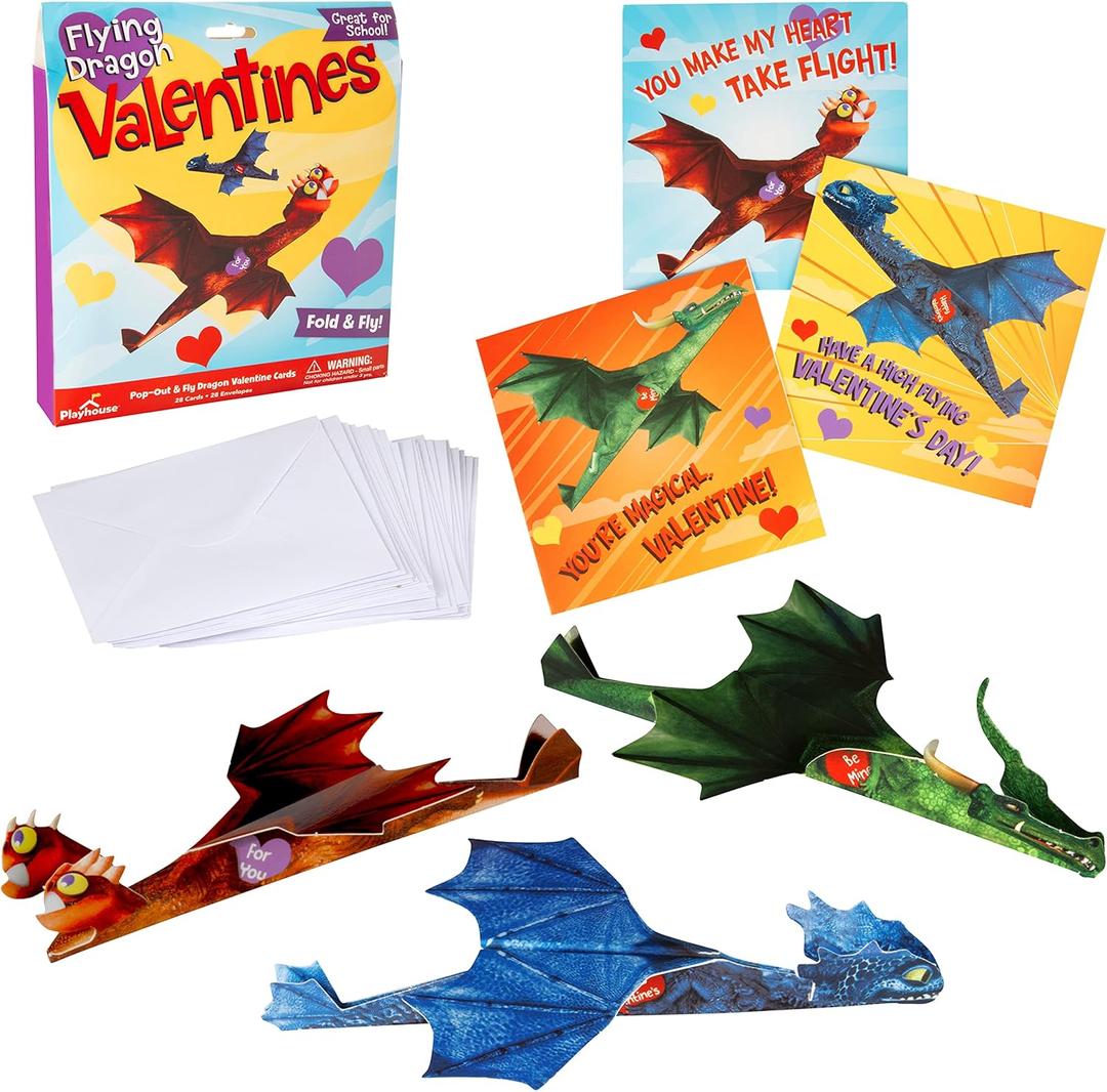Playhouse Flying Dragons Valentine's Day Card Set for Kids, 28 Card Pack & Envelopes - Fold and Fly Paper Airplanes - Great for School Classroom Exchange Parties - Boys & Girls Ages 4+