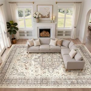 12x8 Area Rug Living Room: Washable Boho Large Neutral Vintage Soft Rugs Stain Resistant Farmhouse Non Slip Indoor Floor Carpet for Bedroom Nursery Kids Playroom Office Dining Room Home Decor- Brown