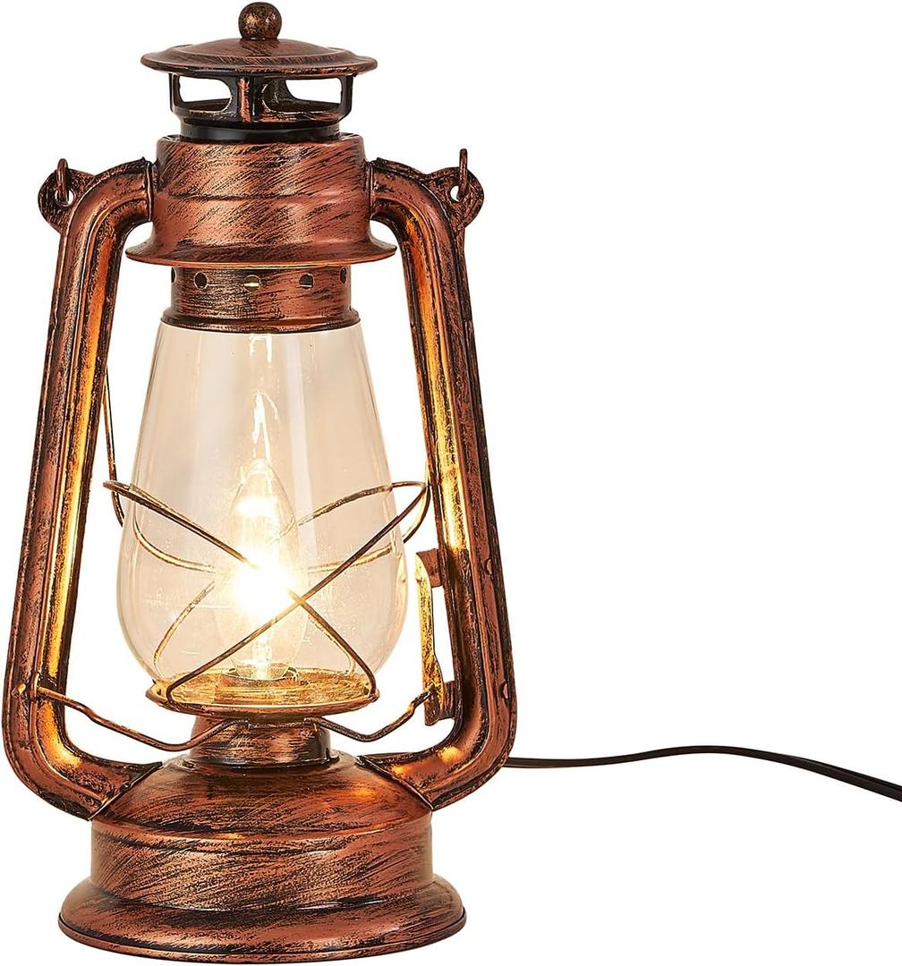 NOXARTE Lantern Table Lamp Old Fashioned Nightstand Lamps with Plug in, Farmhouse Lamps for Bedrooms Living Room Reading end Table with Night Light Miner Lantern H15" x W7"