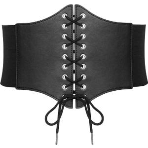 SANSTHS Wide Corset Belt for Women Lace-up Renaissance Corset Hight Waist Elastic Belt for Halloween Costume Parties (M:Fits waist from 30"-33", Black-style 1)