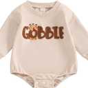 Gueuusu Unisex Baby Boy Girl Thanksgiving Outfit Gobble Turkey Bodysuit Embroidery Long Sleeve Bubble Romper Cute Baby Outfit (Beige)