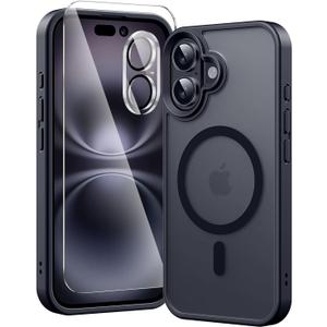 3 in 1 for iPhone 16 Case with MagSafe, Screen Protector*1 Camera Lens Protector*1,Matte Skin Feeling Back Cover Military-Grade Protection for iPhone 16 Phone Case 6.1 inch Matte Black