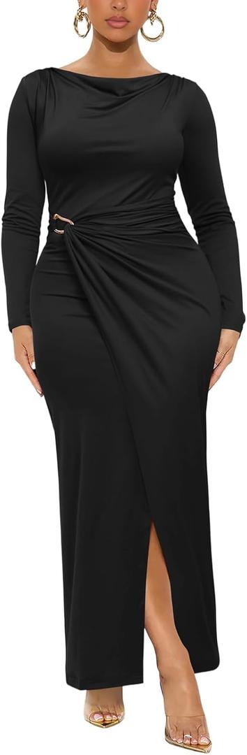 Ekaliy Women's Elegant Bodycon Maxi Dress Long Sleeve Party Cocktail Wedding Guest Dress (Black, XL)