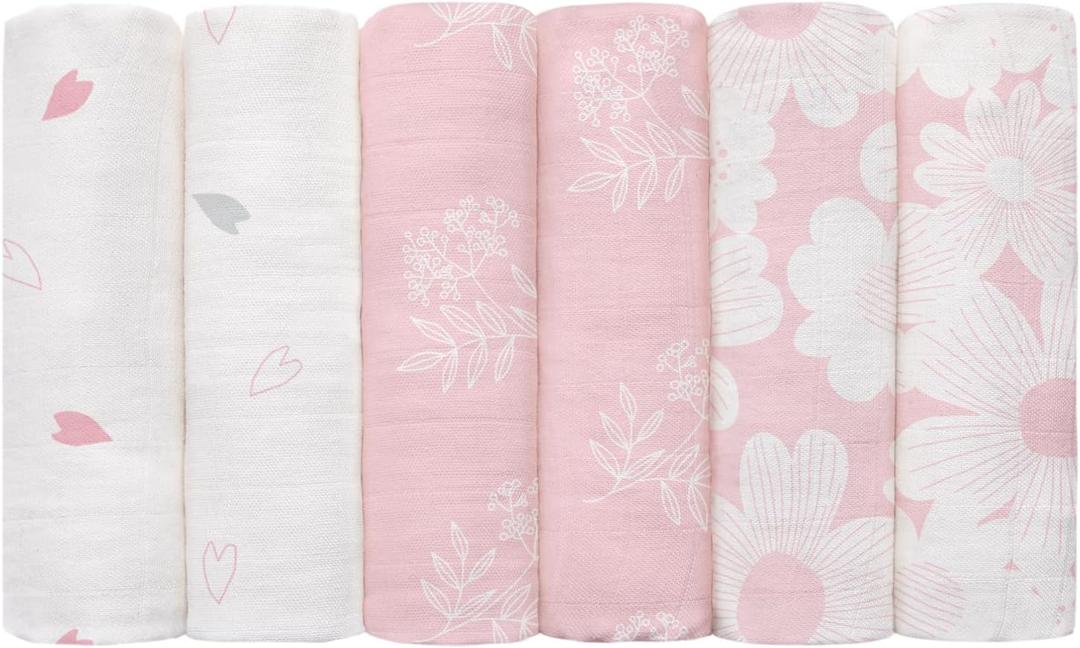 GLLQUEN BABY Receiving Blanket Boy Cotton Muslin Swaddle Blankets Girl Newborn Squares Breathable & Soft Thin Baby Blankets Cloths Double Absorbent Infant Swaddling Wrap - 6 Pack (Rosebud)