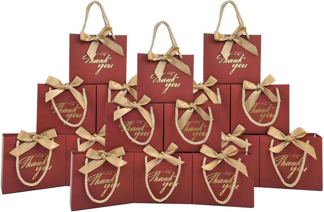 TKSBAG 50 Pack Small Thank You Gift Bags with Handles, 5.5''x 2.5''x4.7'' Mini Red Gift Bags Bulk for Baby Shower, Birthday, Wedding, Party Favors