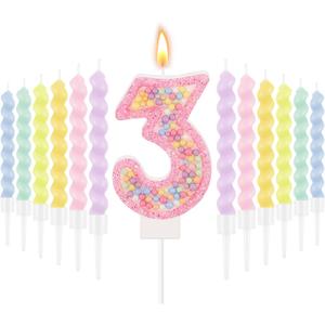 MTLEE Number 3 Birthday Candle with 12 Pcs Spiral Candles for Girls Macaron Pastel Rainbow Unicorn Pink Cake Topper for Sweet Theme Party Decoration