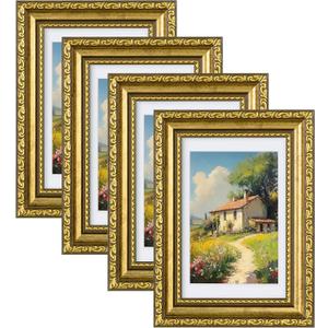 eletecpro 4x6 Picture Frames Set of 4, Vintage Gold Photo Frames with Glass, Displays 3.5x5 Photo with Mat or 4x6 without Mat for Tabletop or Wall Decor, Gold