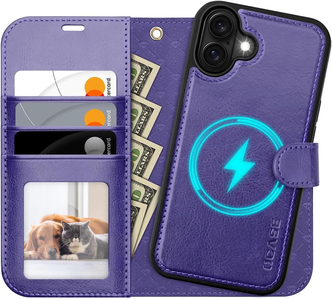 OCASE for iPhone 17 Detachable Wallet Case with Card Holder, 2 in 1 PU Leather Flip Folio with RFID Blocking Stand Wrist Strap Shockproof Phone Cover 6.3 Inch 2025, Purple