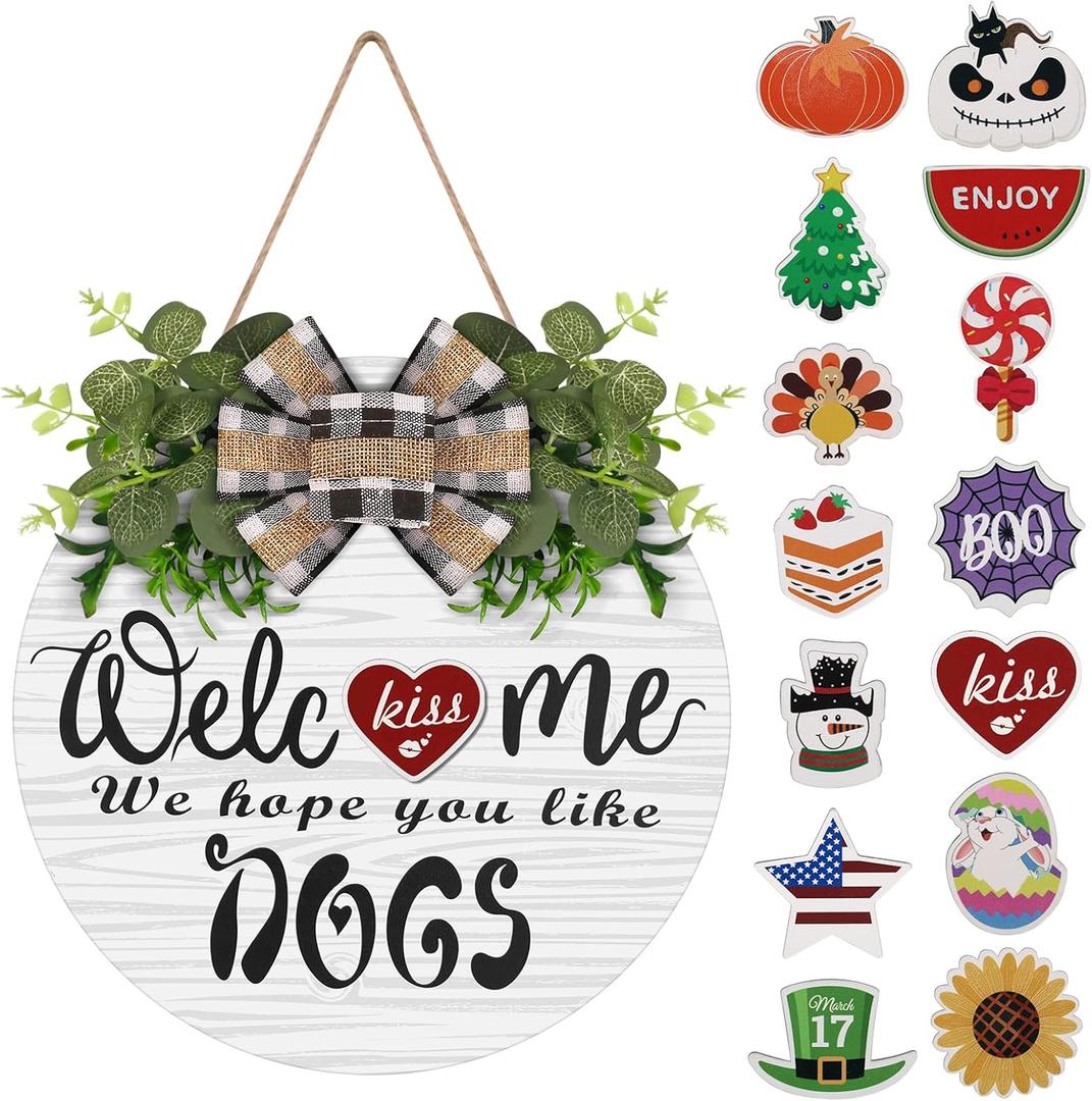Interchangeable Wooden Seasonal Welcome Wreath, Rustic Round Dogs Front Door Wreaths for Home/Wall/Porch/Farmhouse Decor, for Easter Spring Summer Fall Halloween Christmas All Season Decorations (White)