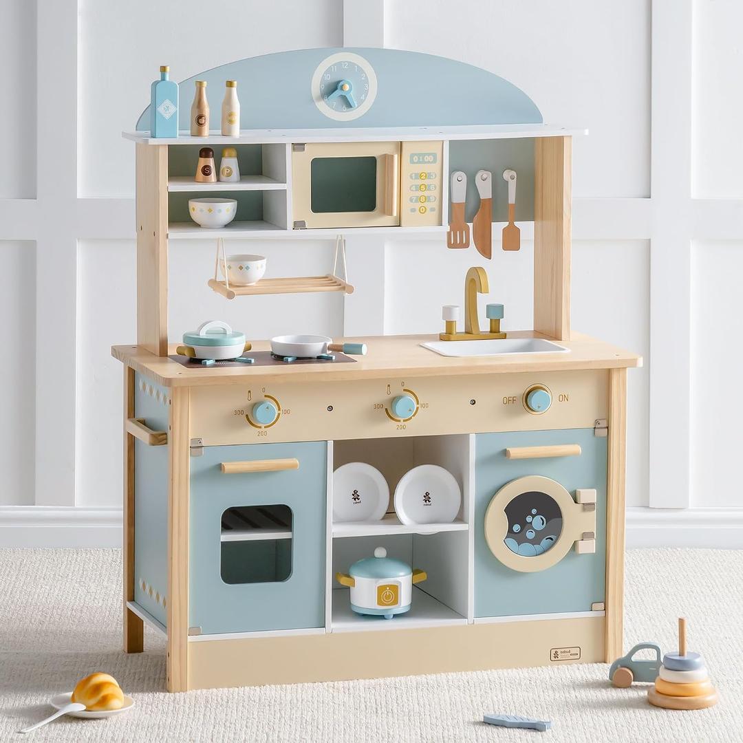 ROBUD Wooden Play Kitchen Set for Kids Toddlers, Toy Kitchen Gift for Boys Girls, Age 3+, 31.3*14*38.6 inch