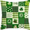 2 x RABUSOFA St Patricks Day Decorations Throw Pillow Covers 18x18 Scottish Tartan Plaid St Patricks Day Hat Farmhouse Classic Decorative Square Cushion Cases for Sofa Couch (Green)