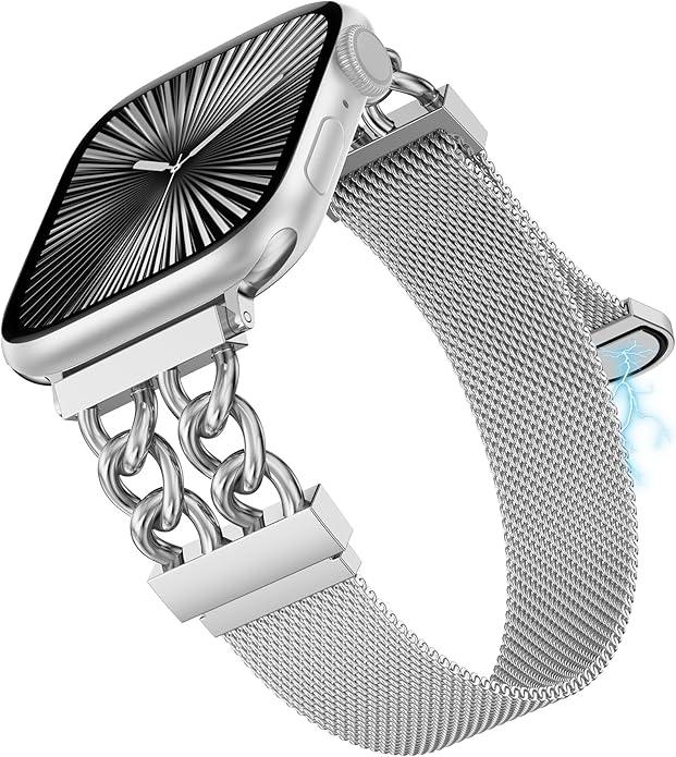 Metal Magnetic Band Compatible with Apple Watch Bands Women, Dressy Designer Stainless Steel Chain Mesh Loop Strap for iWatch, 38/40/41/42mm(Series 11 10) Silver