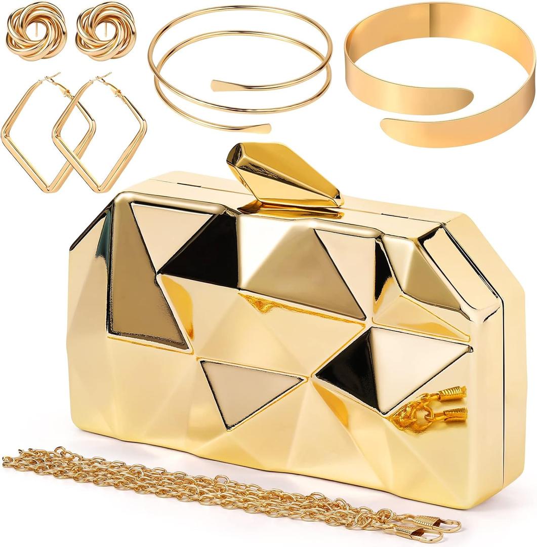 5 Pcs Clutch Purse for Women Evening Prom Purses Metallic Handbag for Valentines Wedding Banquet Retro Jewelry Set (Gold)