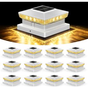 Solar Post Cap Lights 12 Packs for 4x4 5x5 Wooden/Vinyl Posts, IP65 Waterproof Fence Post Solar Lights with Warm/Cool/Neutral Lighting, Outdoor Post Lights for Garden, Patio, Porch- White