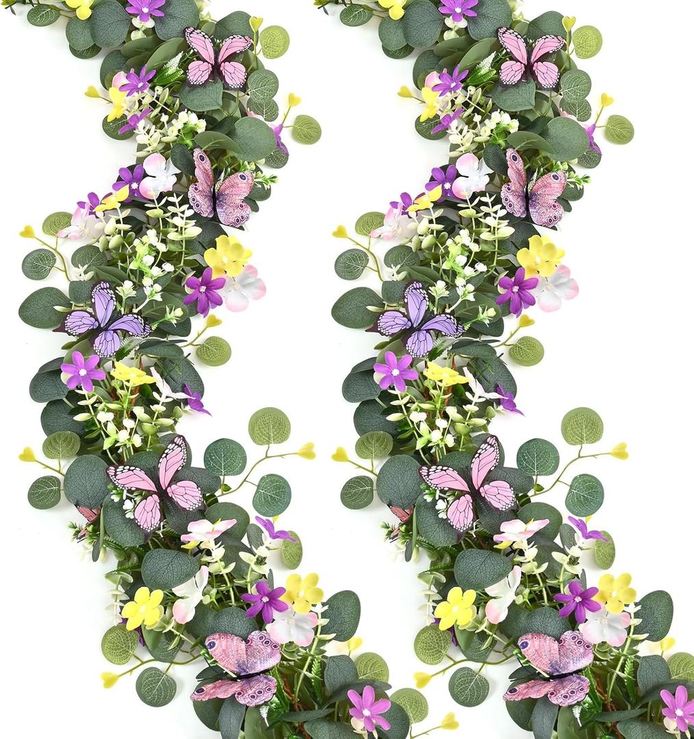 Waipfaru 2Pcs Eucalyptus Garland with Daisy 3D Butterfly, Green Garland with Flowers, 5.9FT Artificial Faux Eucalyptus Leaves Vines for Table Mantle Home Wedding Party Indoor Outdoor Decor