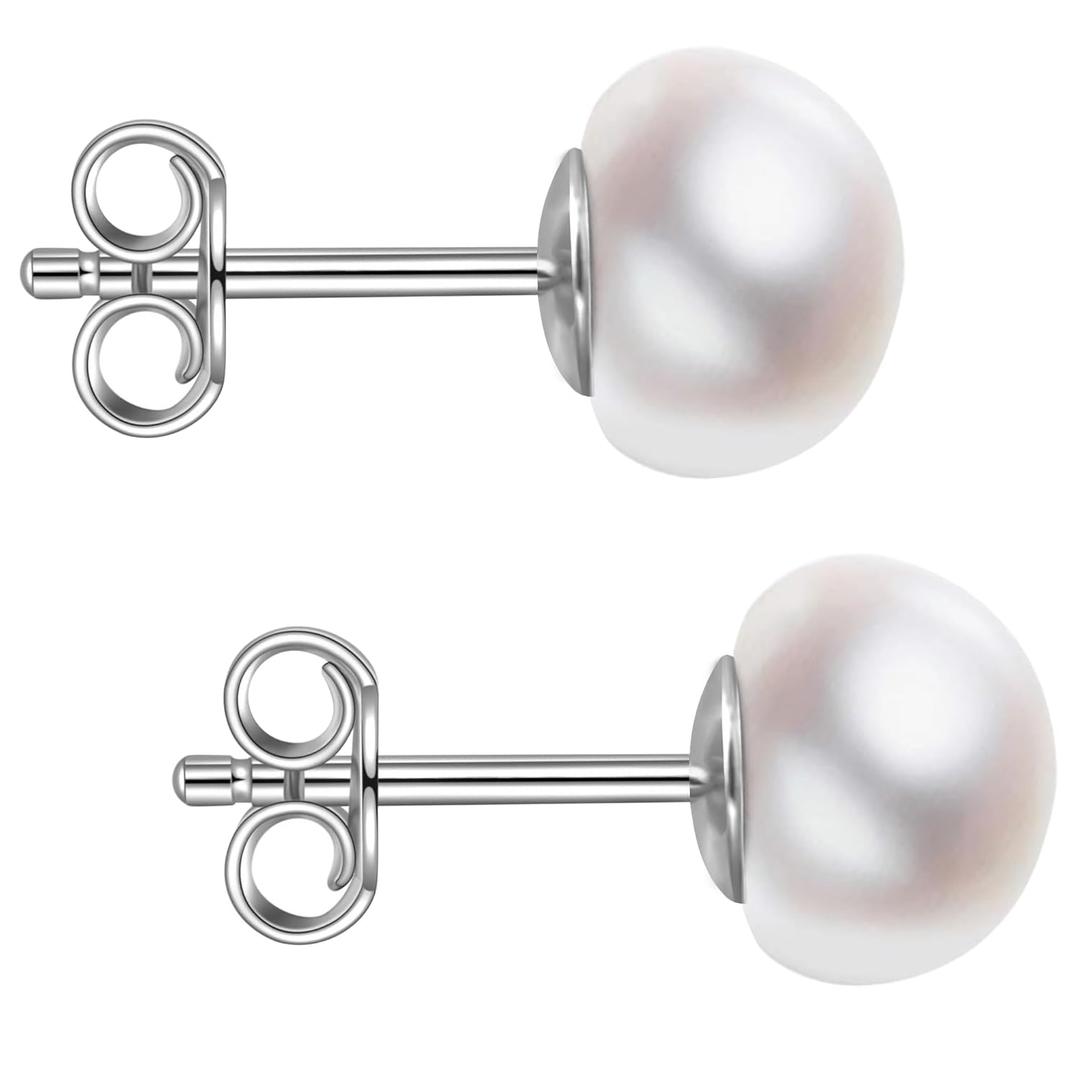 Impalsory Handmade Freshwater Cultured Pearl Stud Earrings, 925 Sterling Silver Hypoallergenic Earrings for Women 7.5-8MM