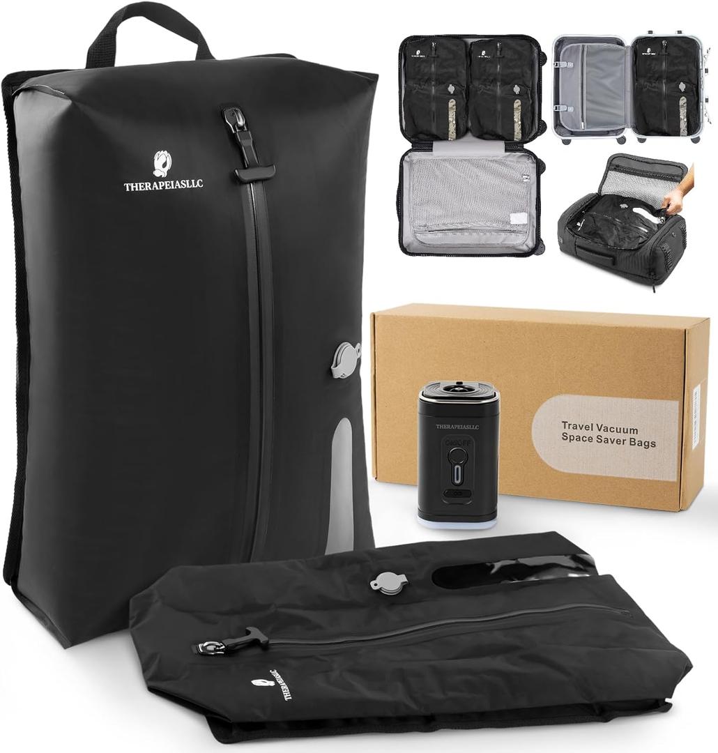 Vacuum Compression Bags for Travel with Usb Electric Pump, Reusable & Space Saver Vacuum Storage Bags with Waterproof Zipper for Duitcase and Backpack, Black (2Pack+Pump)