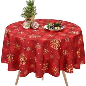 Likiyol Christmas Tablecloth 60 Inch Round, Gold Snowflake & Red Buffalo Plaid Table Cover for Winter, Waterproof for Kitchen & Dining, Holiday