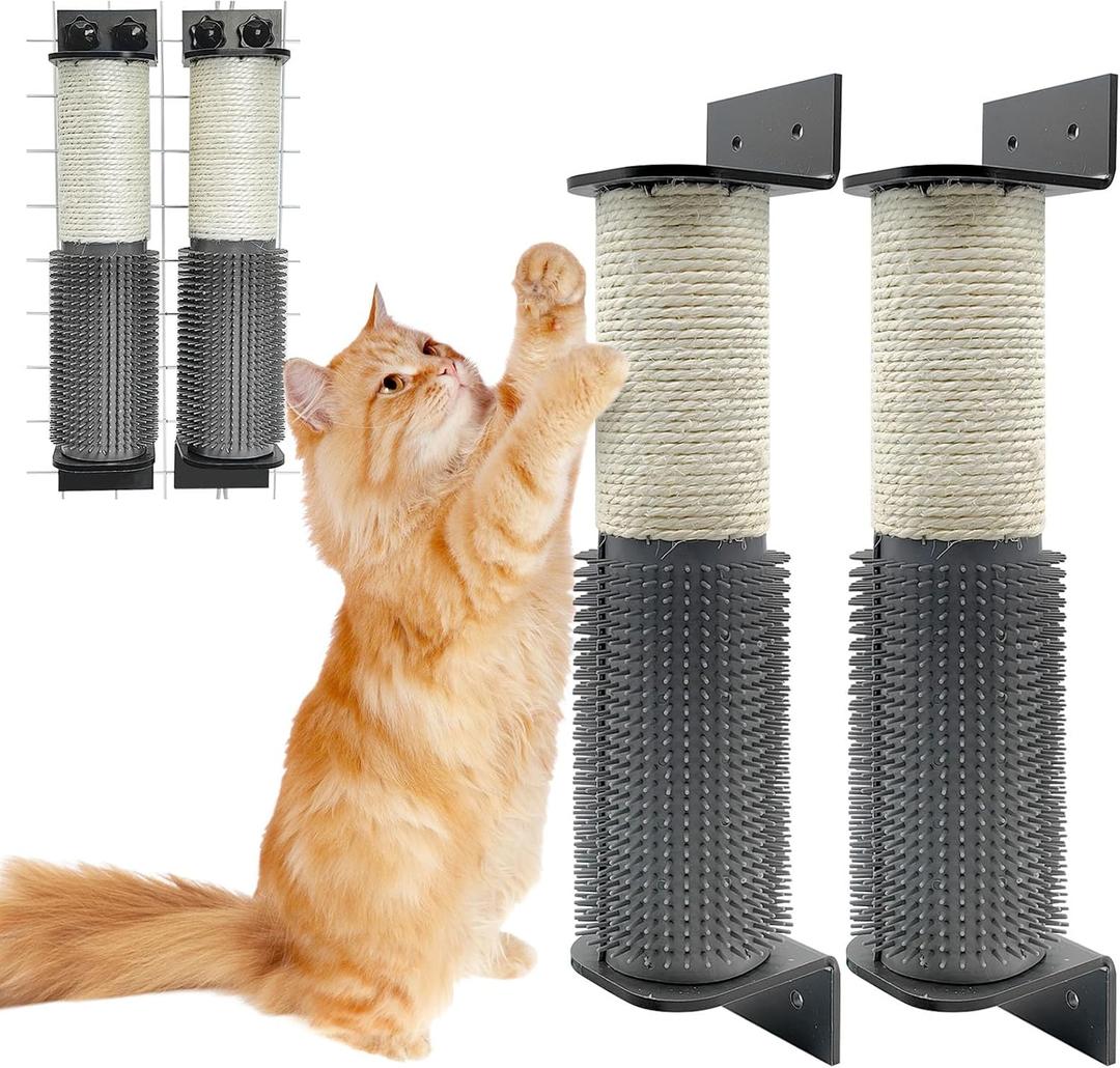VCEPJH 2 Pack Cat Scratching Post Wall Mounted, 11.8 in Cage Mount Cat Scratcher with Self Groomer and Massager Sisal Crate Climbing Post for Indoor Kitten (White)
