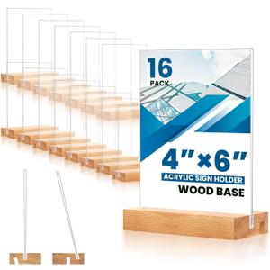 16 Pack 4x6 Acrylic Sign Holder with Wood Base Vertical and Slant Displays, Clear Plastic Flyer Display Stand, Paper photo Table Menu Sign Frame Suitable for Restaurants, Office, Store, Hotels