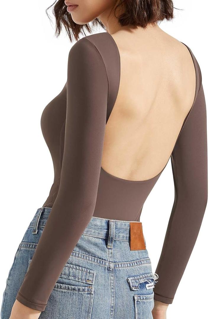 SUUKSESS Women Backless Y2k Long Sleeve Bodysuit Double Lined Open Back Sexy Basic Top (Small, Mocha)