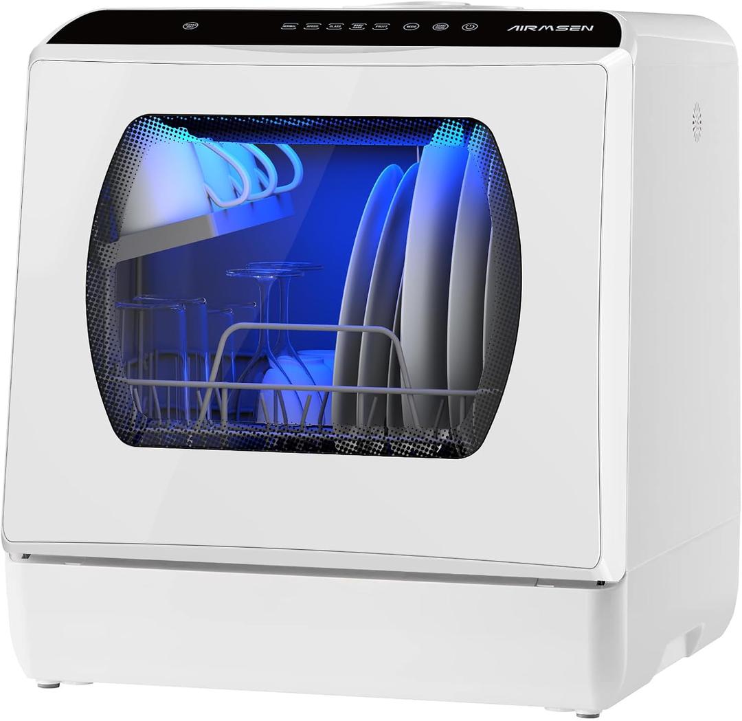 AIRMSEN Portable Countertop Dishwasher, No Hookup Needed, 6 Programs, 1-Hour Hot Air Drying & 72-Hour Air Circulation, Built-in Water Tank, for Home, Apartments & RVs