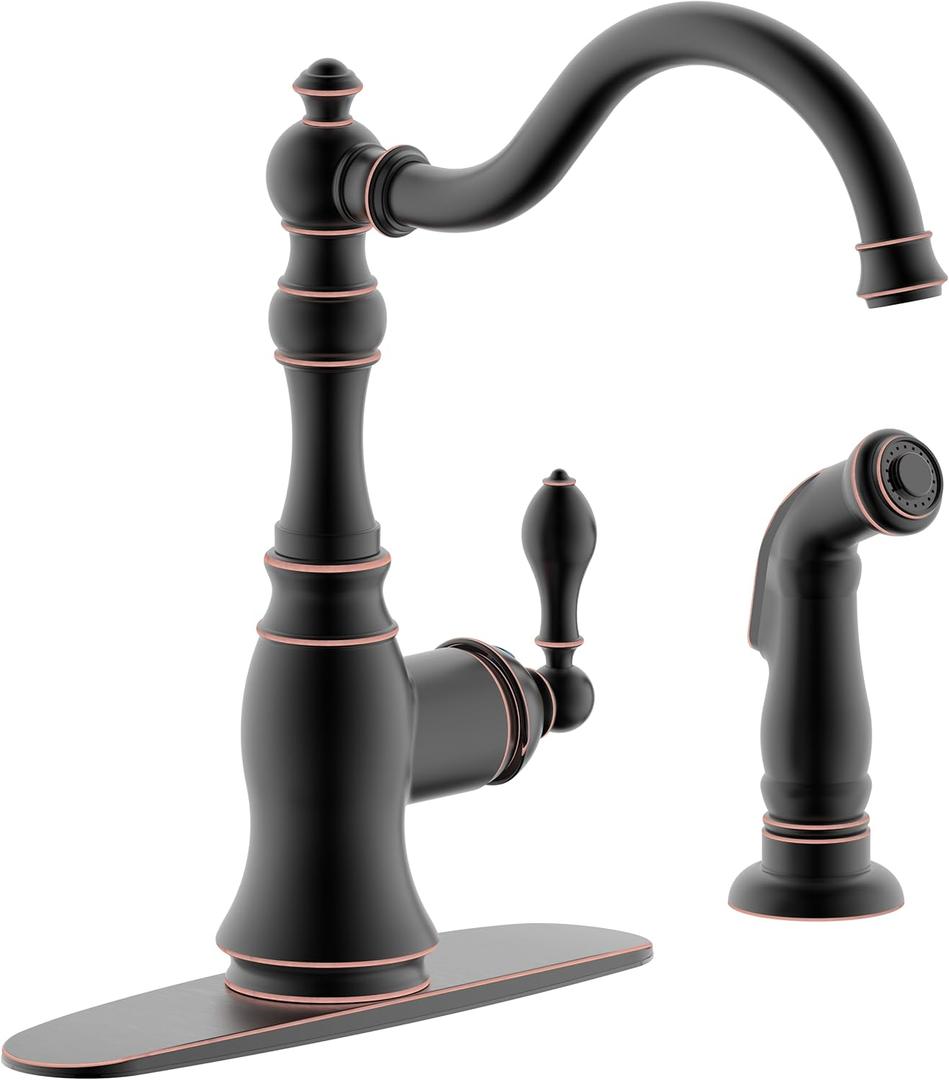 Oil Rubbed Bronze Kitchen Faucet with Side Spray, 8 Inch Single Handle Kitchen Sink Faucet with Deck Plate,2 Hole or 4 Hole Installation,Classic Style,KF-6832TB-ORB