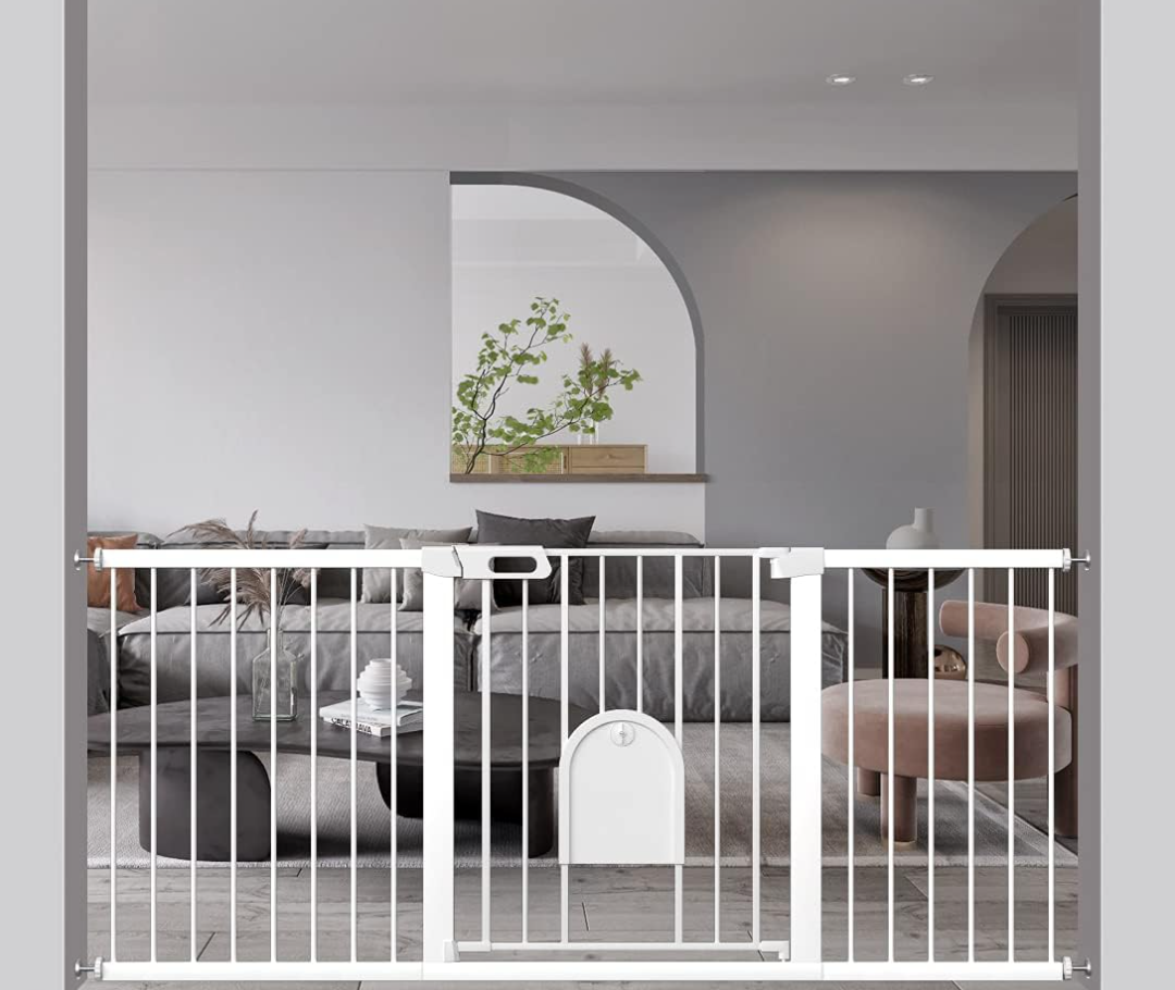 Extra Wide Baby Gate with Cat Door - Walk Through Small Pet Door Safety Gate for Stair Kitchen - Pressure Mounted No Drill 65.35"-68.11" Wide