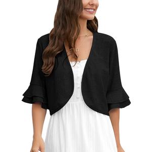 Heymoments Women's Summer Shrugs Ruffled Hem Open Front Crochet Lightweight Dressy Cardigan for Dresses (Black, S)