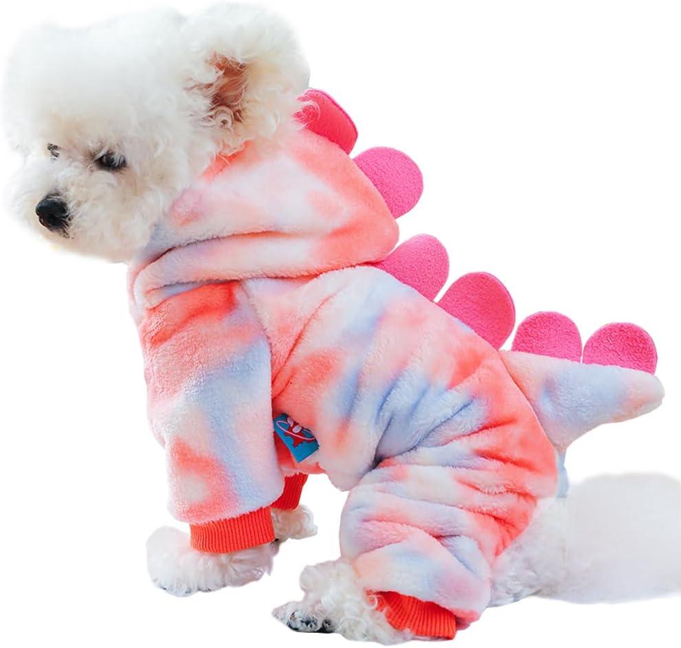 Dinosaur Dog Clothes for Small Dog Girl Boy, Fleece Winter Puppy Hoodies with Leash Ring, Cold Weather Coat for Cat, Funny Dinosaur Costume for Christmas Halloween (Pink, X-Small)