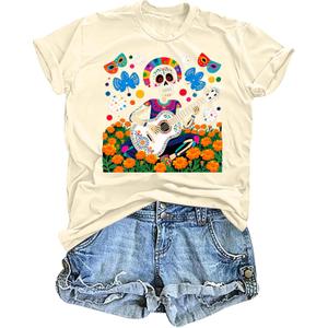 Mexican T-Shirt for Women Dia De Los Muertos Skeletons Sugar Skull Shirt Funny Tee Tops, Size: Large
