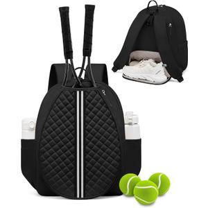 Sucipi Tennis Bag, Quilted Tennis Sling Crossbody Backpack, Water Resistant Tennis Racket Bags for Women Men, Suitable for Pickleball Tennis Badminton (Large with shoe compartment, Black)