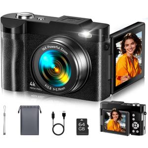 4K Digital Camera for Photography- 48MP Autofocus Vlogging Camera with 2.8" 180 Flip Screen, 16X Digital Zoom- Compact Point and Shoot Camera with 64GB SD for YouTube, Travel, Beginners