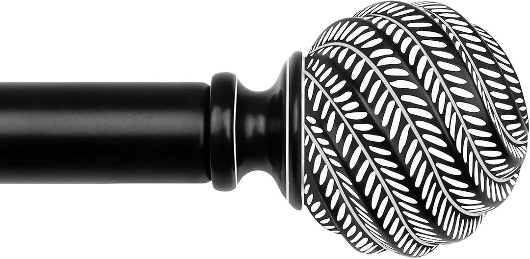 Black Curtain Rods for Windows 48 to 84 Inches, TONIAL 1 Inch Adjustable 32-86 Inch Long Drapery Rod with Wood Grain Leaf Pattern Finials, Boho Curtain Rod for Living Room, Bedroom, Outdoor