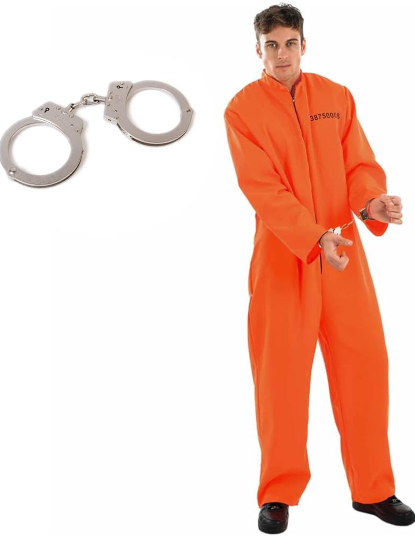 fun shack Men's Prisoner Costume, Orange Jail Inmate Jumpsuit, Adult Prison Outfit for Halloween or Costume Parties M