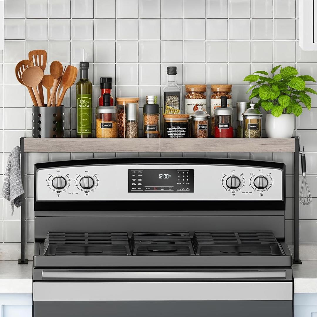 Spice Rack Shelf for Kitchen Stove, Over The Stove Shelf with 4 Level Adjustable Height, Over Stove Spice Rack with 4 Hooks, Grey + Black