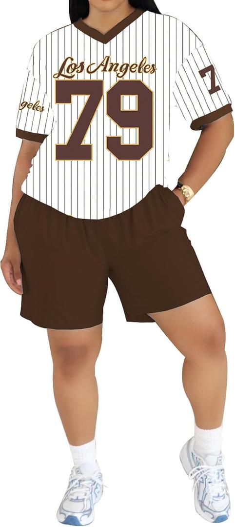 PINSV 2 Piece Sets for Women Summer Casual Outfits Jersey Shirts and High Waisted Short Sets (X-Large, Brown)