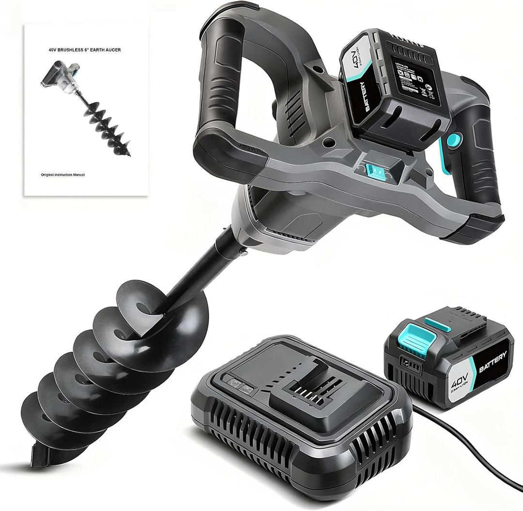 BLUEMARS Earth Auger, 40V Brushless Cordless Post Hole Digger with 6" Drill Bit, 2.5AH Battery & 4A Charger, LED Work Light, for Fence Post, Planting, Gardening & Landscaping