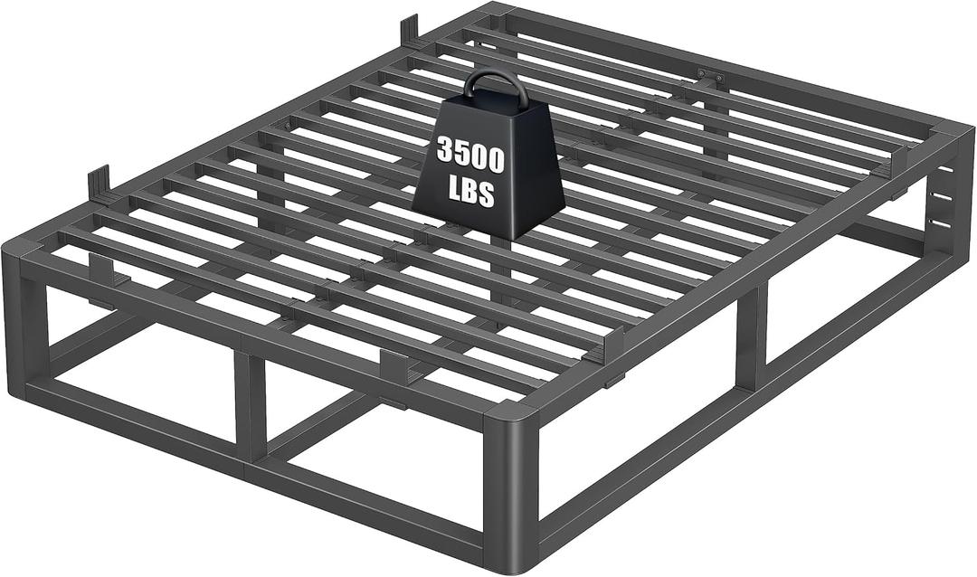 14 Inch Queen Bed Frame with Rounded Corner and Headboard Hole, Metal Platform Bed Frames 6 Non-Slip Guards, 3500lbs Heavy Duty Steel Slat Support, Squeak Free, No Box Spring Needed, Black