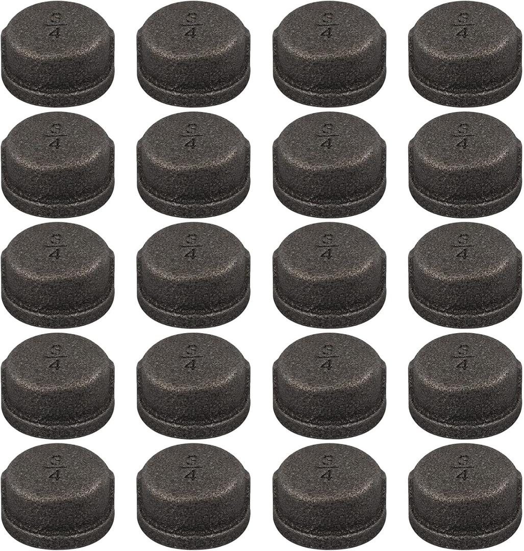 20 Pack 3/4 inches Cap Malleable Cast Iron Pipe, Industrial Pipe for Threaded Black Pipes and Fittings, DIY Steampunk Industrial Vintage Style.