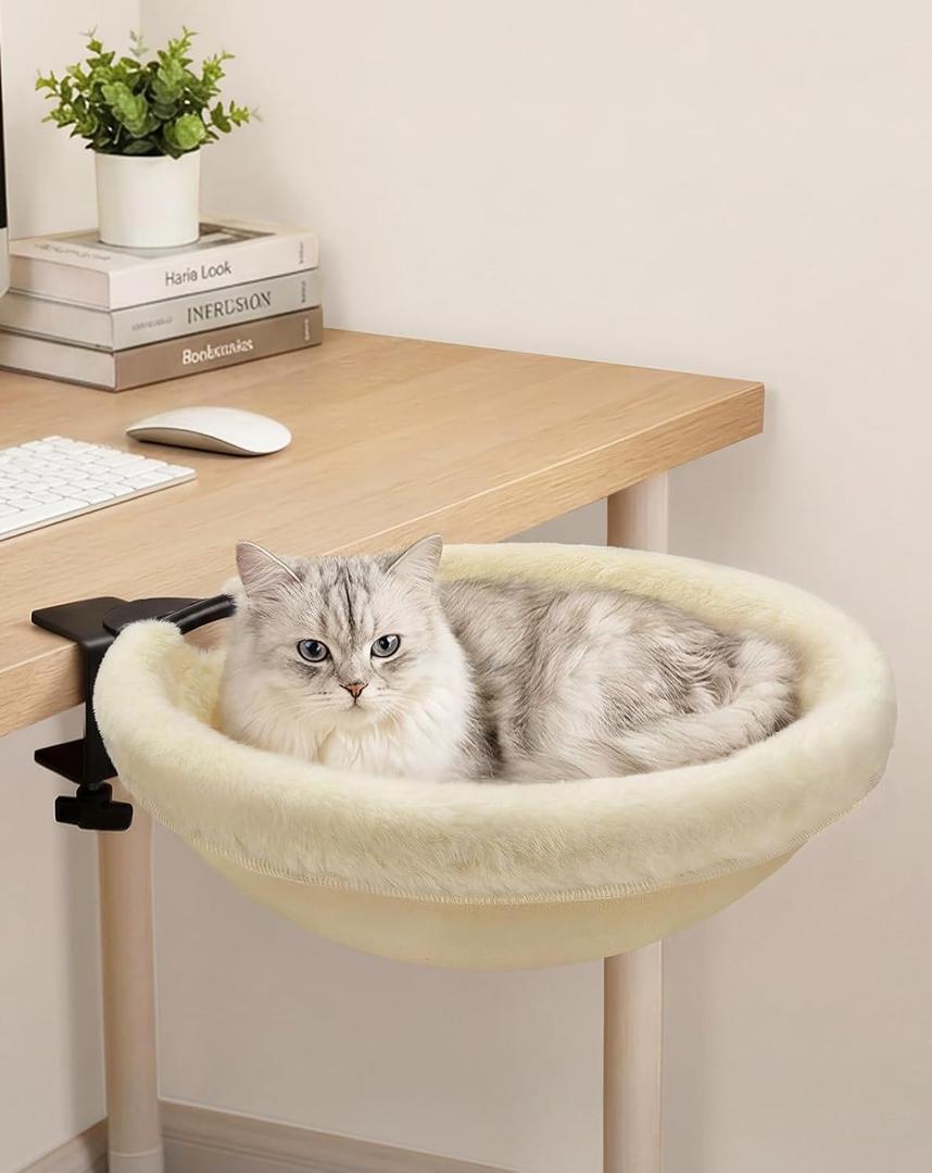 Petcozife Cat Desk Bed, 16"x16" Sturdy Rotating Cat Bed for Desk with Removable Washable Soft Fabric Hammock Cover, Stable Holds Up to 50 lbs, Space Saving Cat Perch for Home Office, Game Table