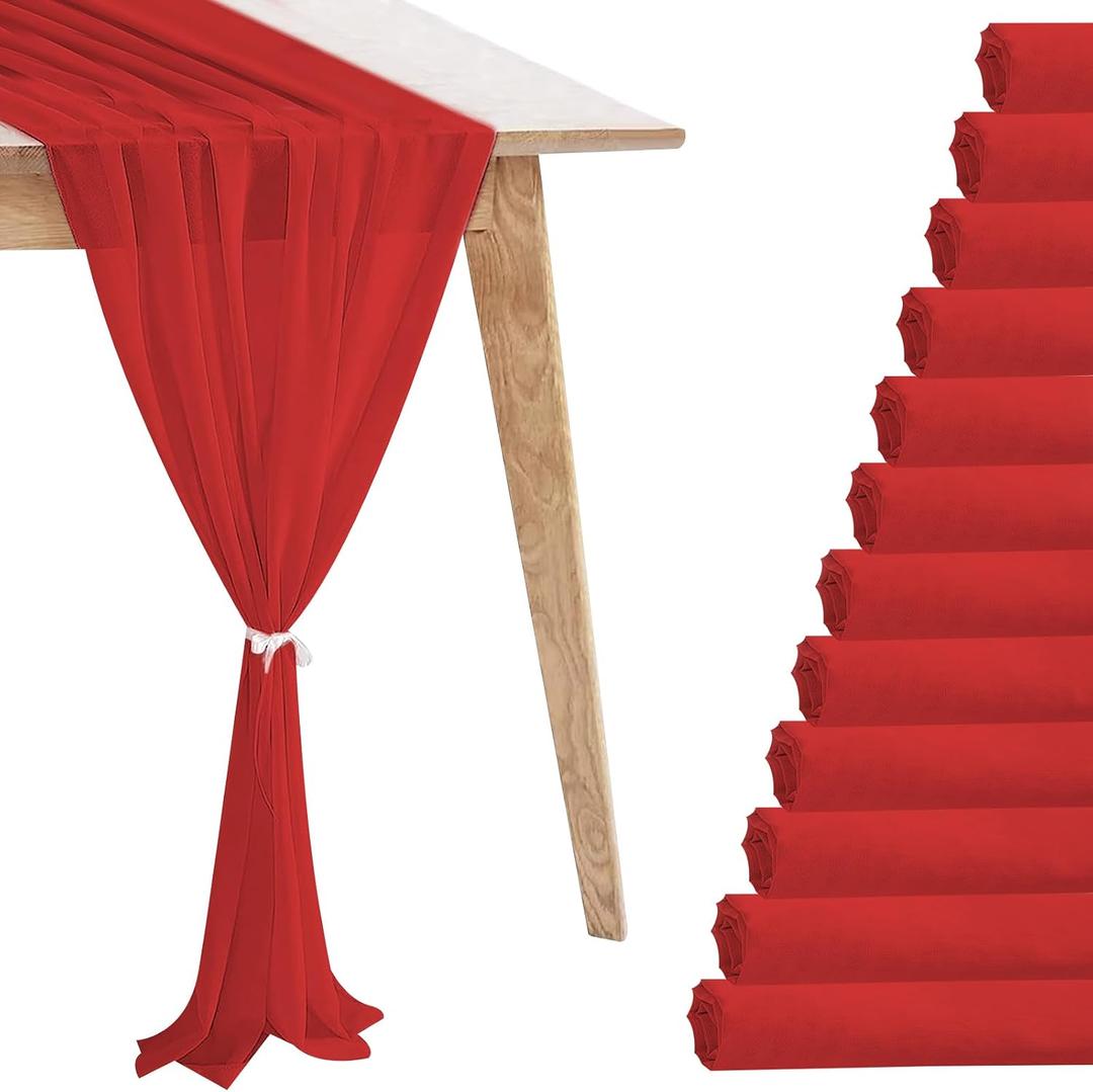 12 Pack Red Table Runner 10ft Romantic Chiffon Table Runner for Wedding Baby Shower and Birthday Party Cake Table Decorations(120 x 12 in)